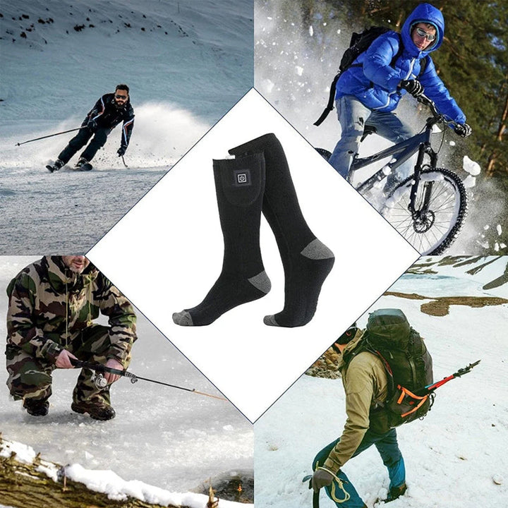 Person adjusting the battery on their unisex heated socks during a winter hike.