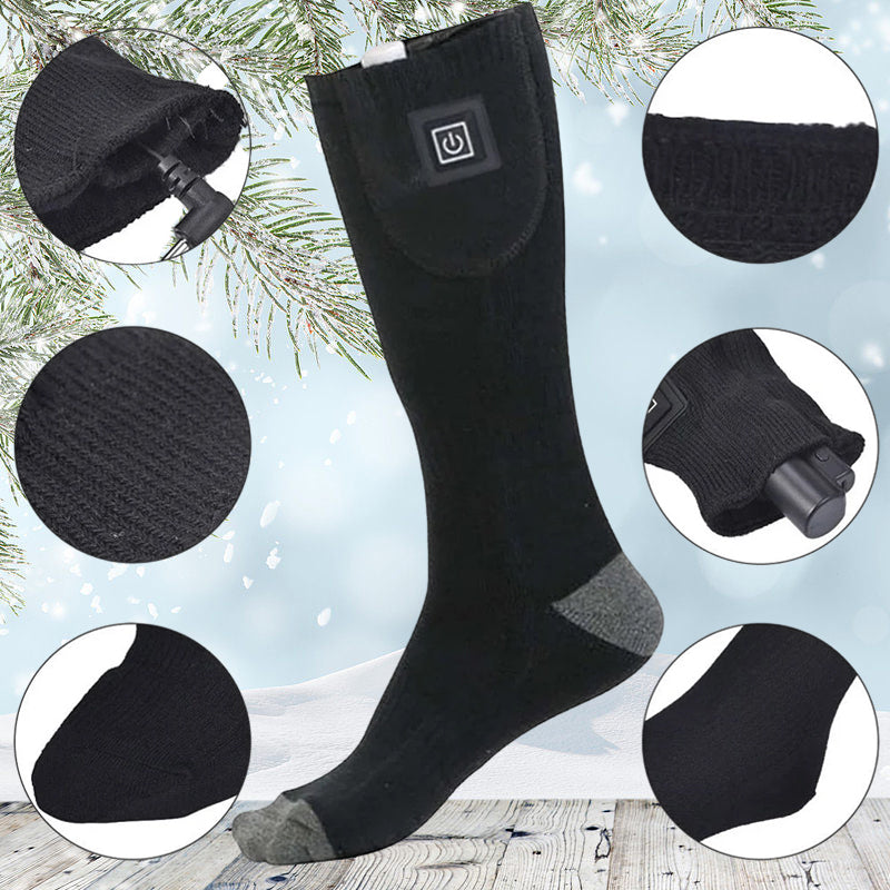 Packaging for unisex electric heated socks, emphasizing cold weather and skiing applications.