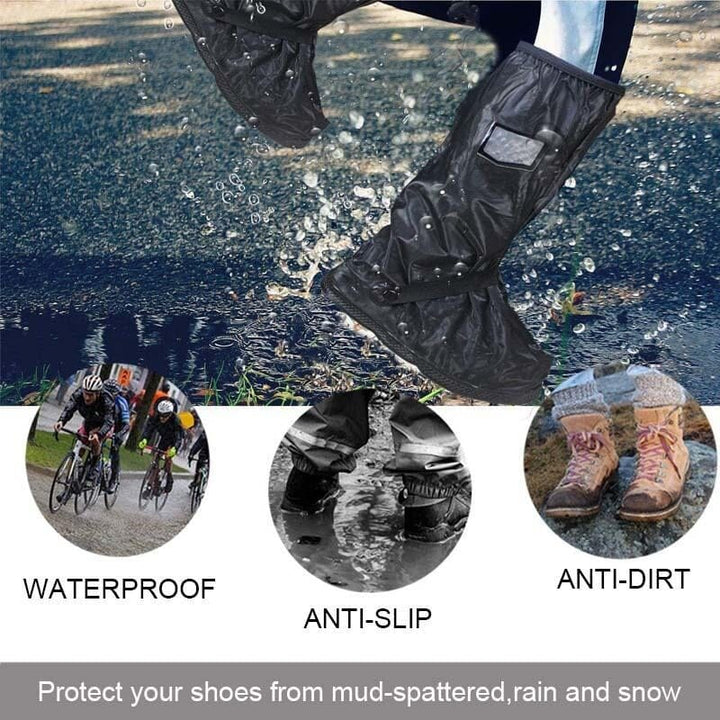 Unisex waterproof shoe covers protecting hiking boots on a muddy trail, essential outdoor gear