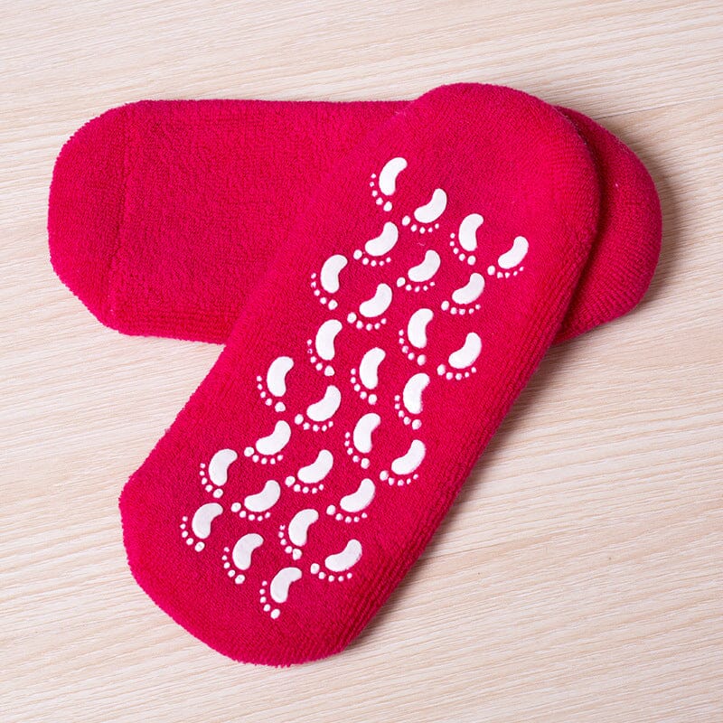 Close-up of the heel area in gel-lined moisturizing socks, focusing on targeted skin softening and foot care.