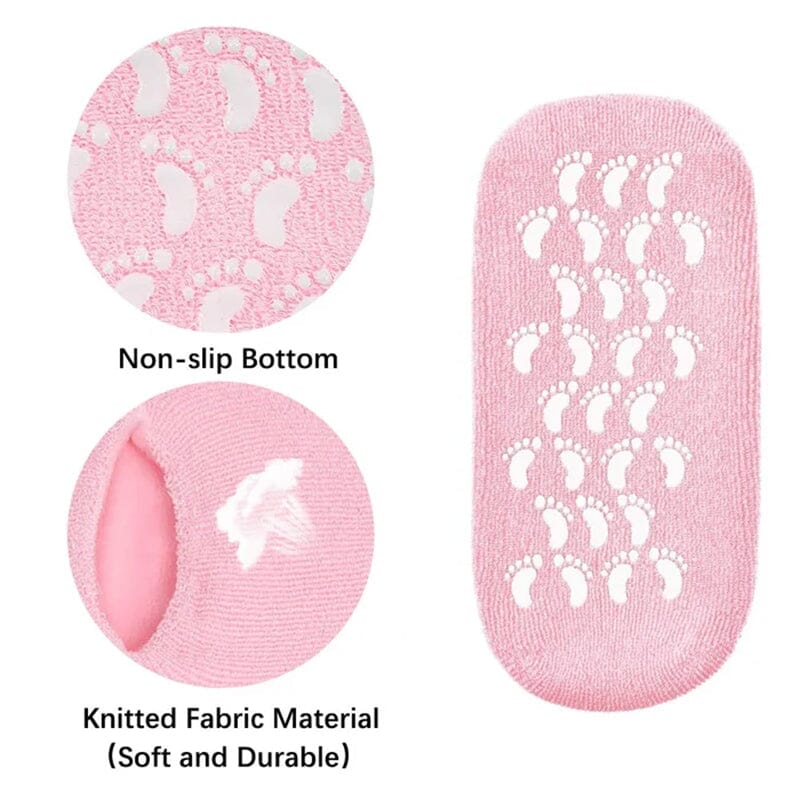 Image of multiple pairs of gel socks, stacked, emphasizing their use as pedicure supplies and for foot hydration.