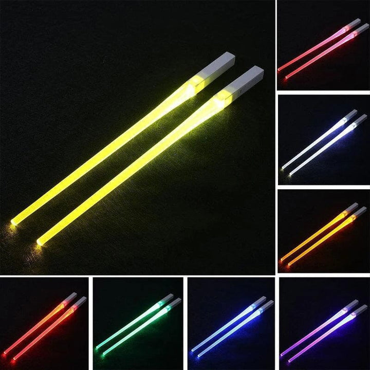 Unisex novelty Lightsaber LED chopsticks, glowing brightly in a dark room, ideal for a unique gift.