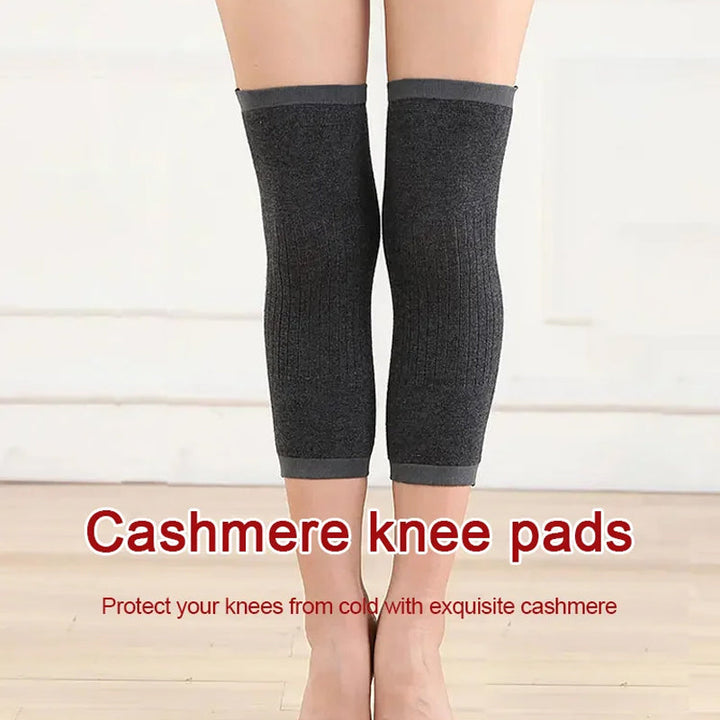Model wearing cashmere knee warmers, demonstrating flexibility & natural fit for joint support