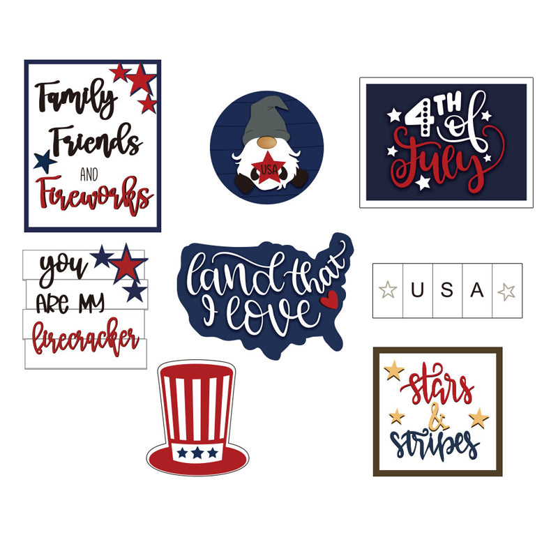 Versatile patriotic Americana wooden decor pieces, great for tiered trays or shelf styling.