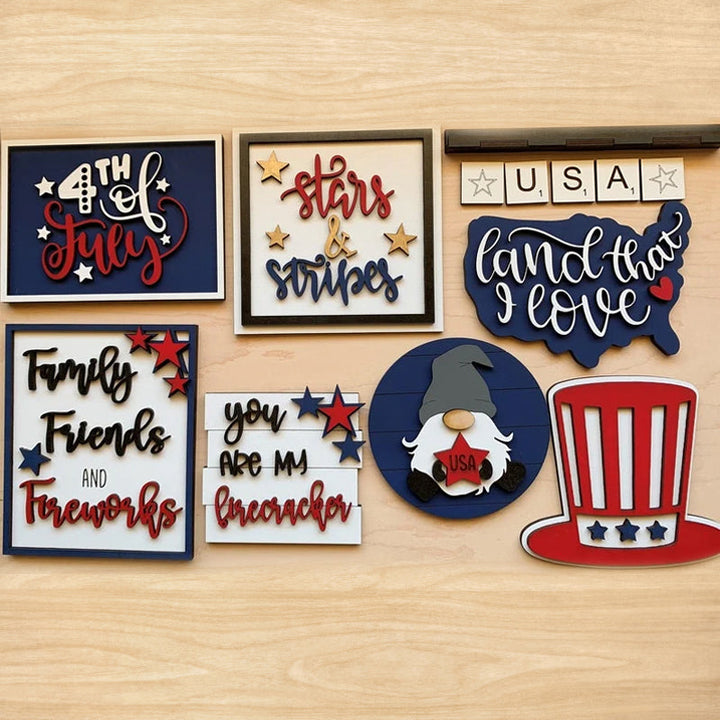 Full display of the patriotic Americana tiered tray decor, perfect for summer & holidays.