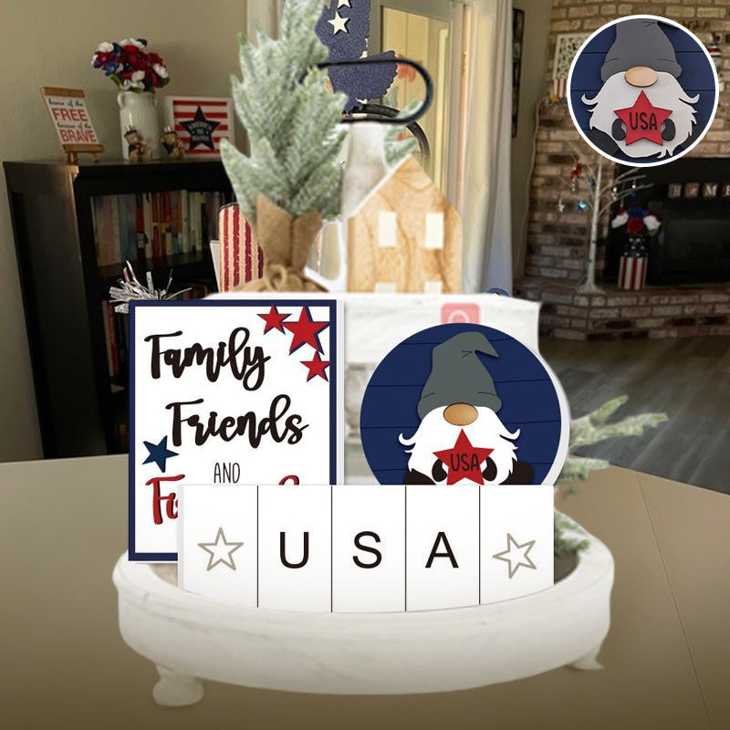 Detailed view of the red, white, & blue accents in the patriotic tiered tray decor set.