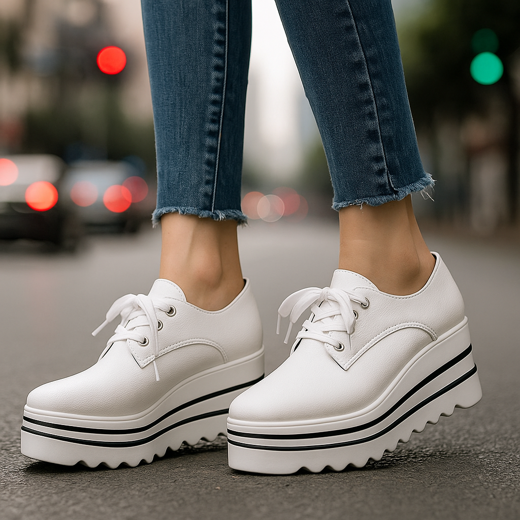 Women's lace-up platform shoes in pebbled texture, designed for comfort and everyday wear.