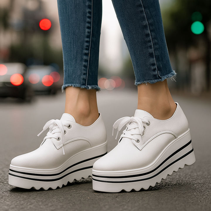 Women's lace-up platform shoes in pebbled texture, designed for comfort and everyday wear.