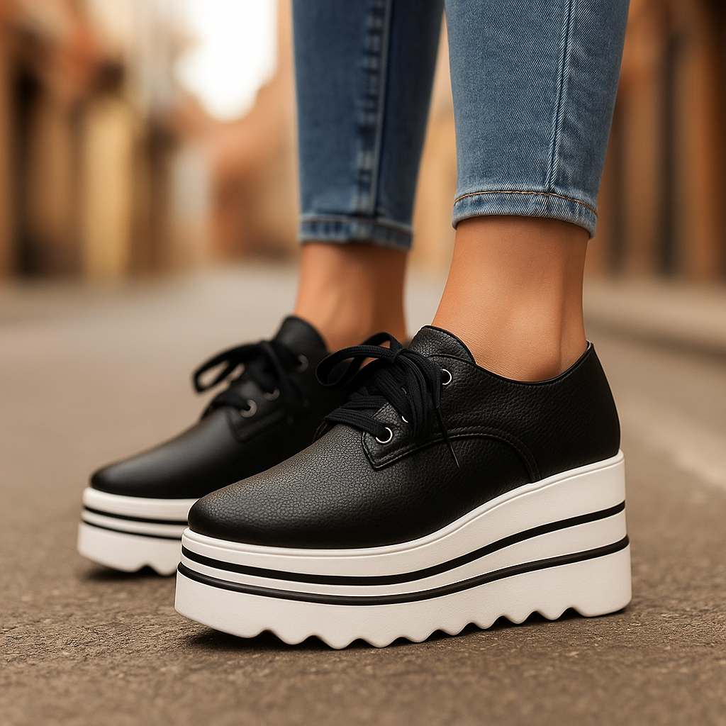 Stylish women's platform footwear with a pebbled finish, featuring orthopedic support and lace closure.