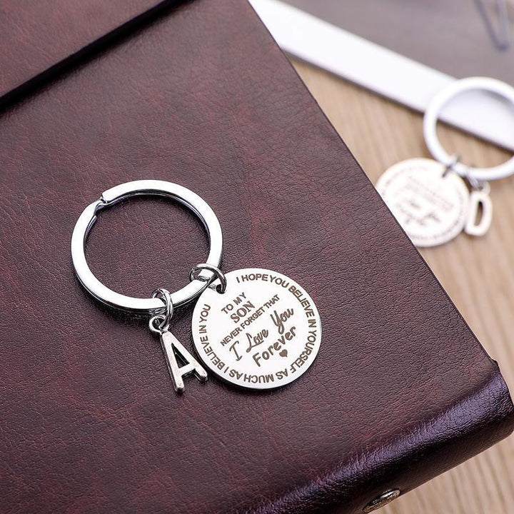 Stainless steel initial keychain, personalized gift for son or daughter with custom letter.