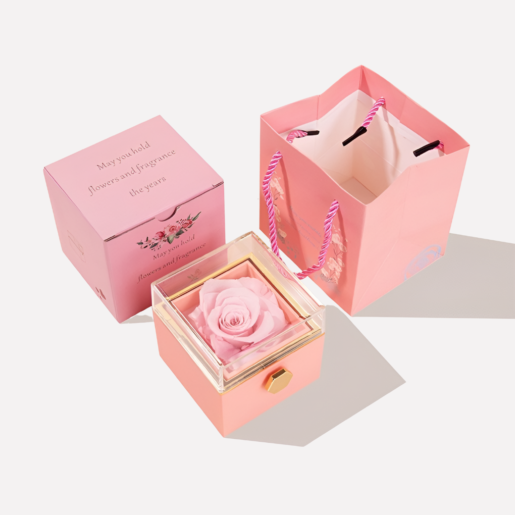 Preserved rose gift box with engraved rose gold heart necklace. Personalized women's romantic jewelry gift.