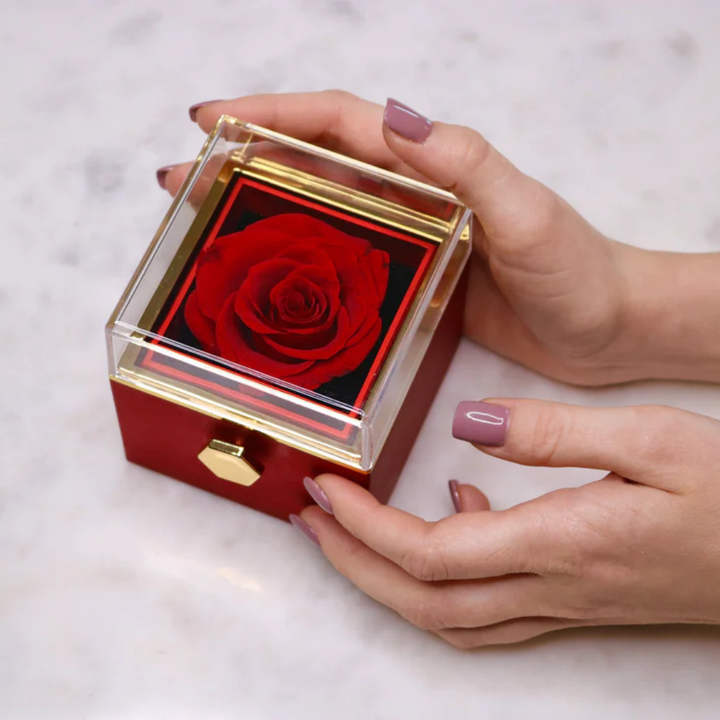 Elegant preserved rose & personalized engraved heart necklace gift set for women. Perfect birthday or anniversary.