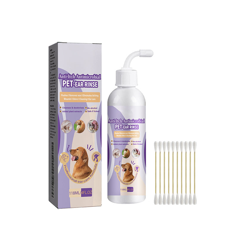 Lineup of pet care products including the ear cleanser, emphasizing a complete pet hygiene routine