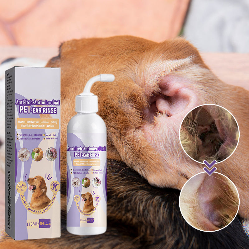 Bottle of pet ear cleaner alongside a dog and cat, emphasizing multi-pet use for ear health