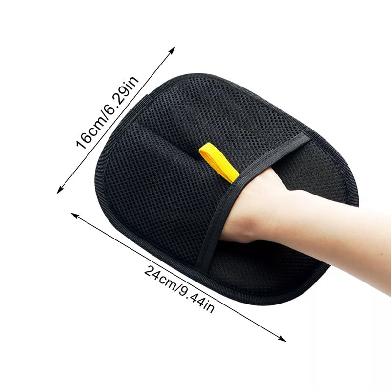 Grooming glove in packaging, highlighting features for pet fur care