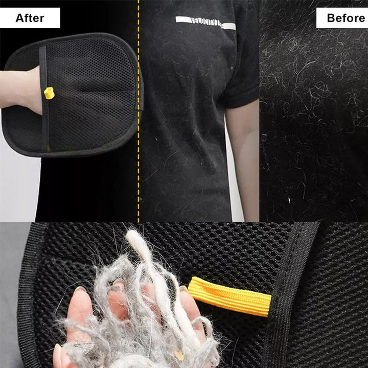 Pile of collected pet hair on the grooming glove after a deshedding session