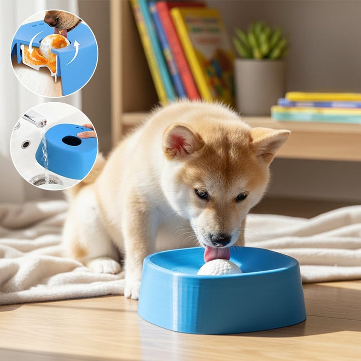 Pet slow feeder dog water bowl in blue, anti-gulping design, ideal for slow hydration