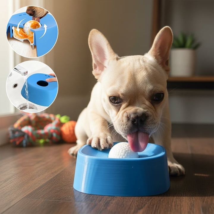 Close-up of silicone slow feeder dog water bowl, showing anti-gulping barrier for pets
