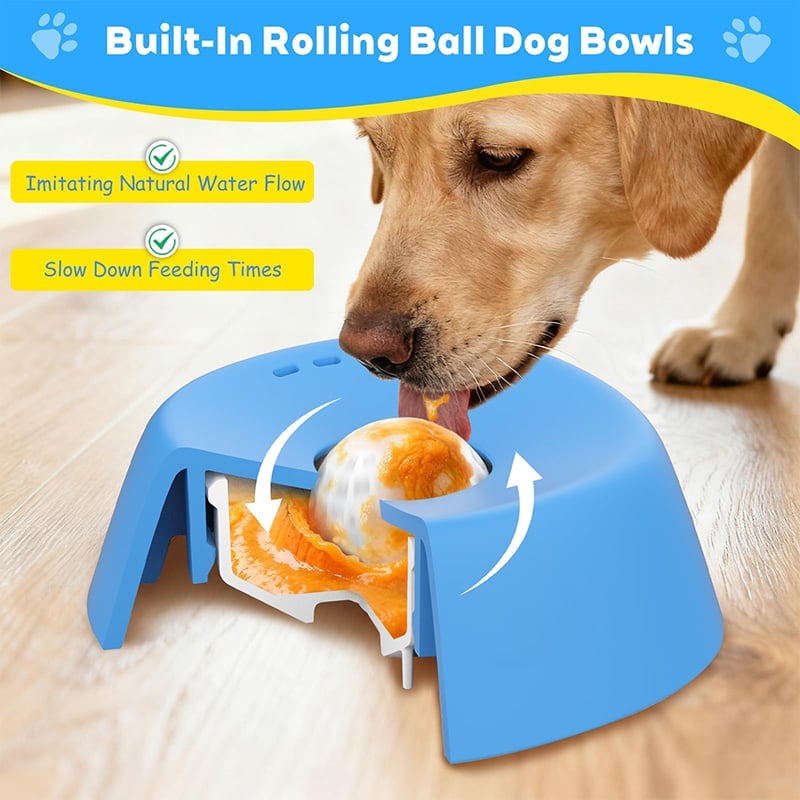 Overhead view of blue pet slow feeder dog water bowl, preventing fast drinking & bloat