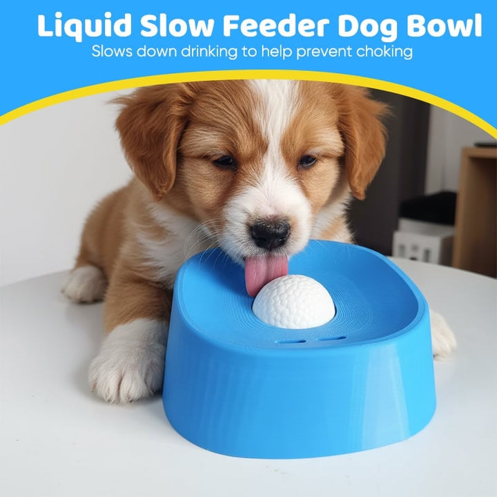 Side view of a blue pet feeding bowl, an anti-bloat solution for dog hydration