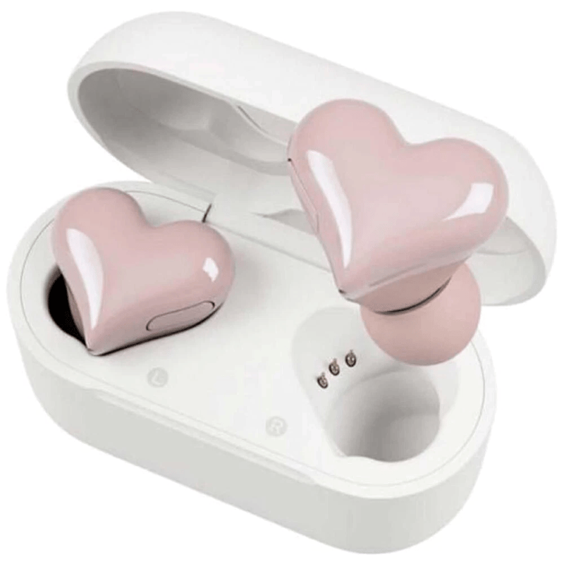 Red heart wireless earbuds for teens, combining fashion with high-quality Bluetooth audio tech