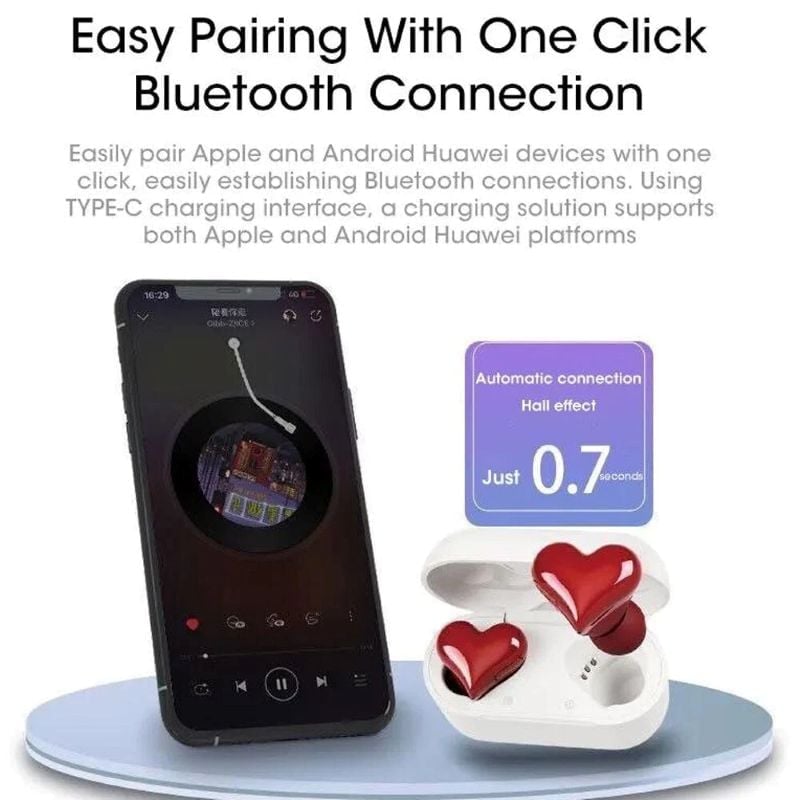 Stylish pink heart earbuds on a solid background, showcasing their unique wireless design