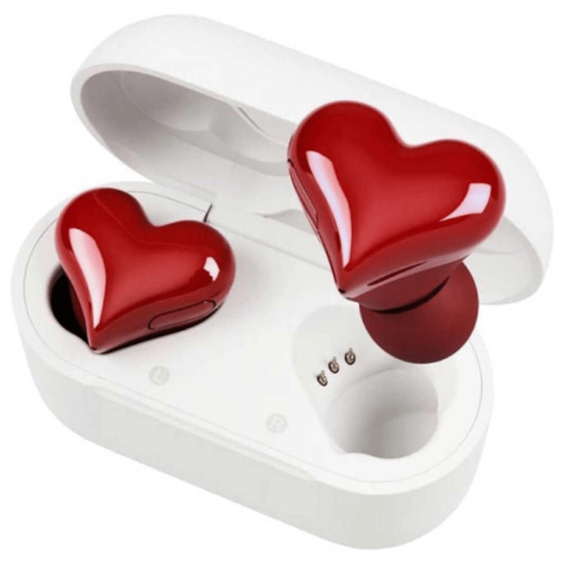 Couple wearing red heart-shaped wireless earbuds, enjoying music on the go with Bluetooth audio