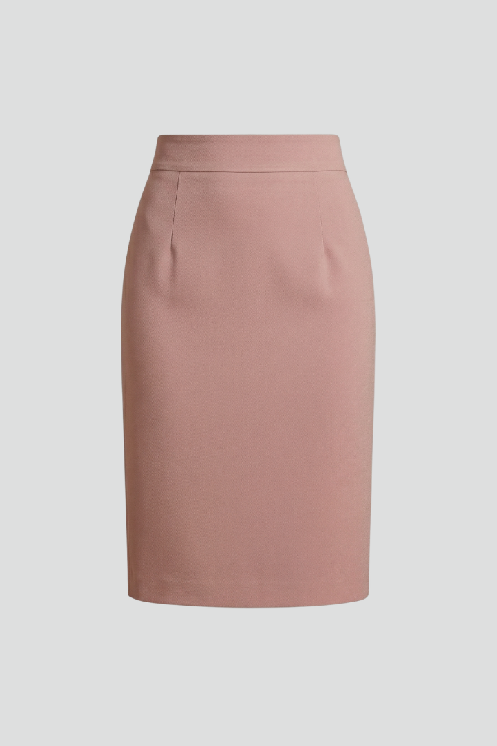 Pink high waist midi skirt with elegant back slit, perfect for office or chic wear.
