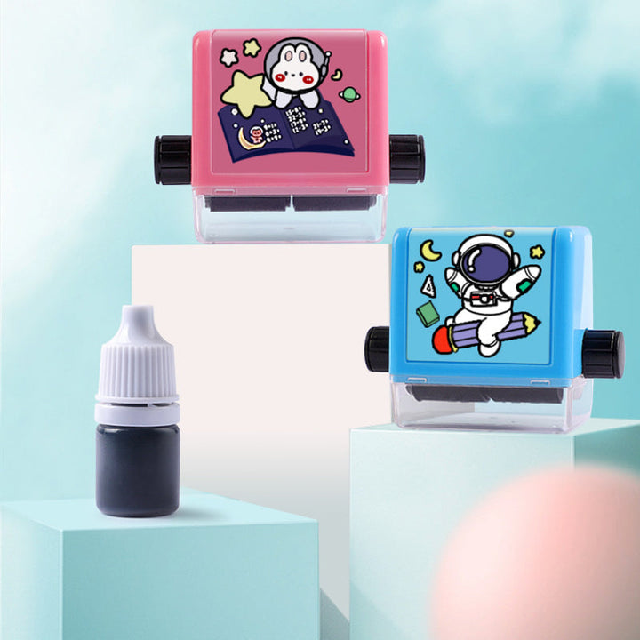Students' educational pink roller stamp with digital numbers, ideal for math practice