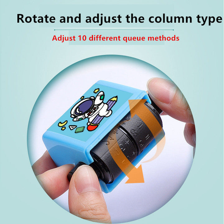 Child's hand using a blue educational roller stamp for teaching digital math concepts