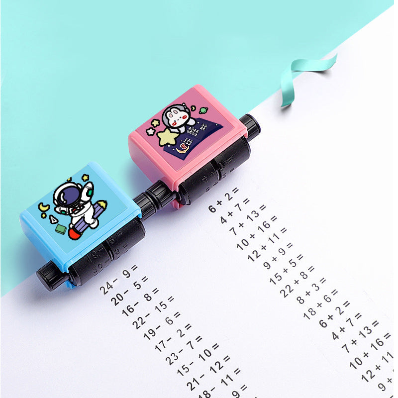 Educational toy: pink arithmetic roller stamp helping students with digital math teaching