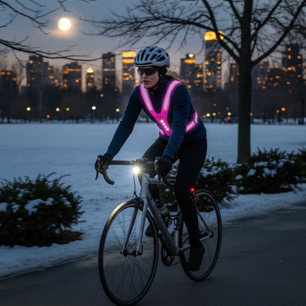 Fluorescent green LED reflective safety vest. Enhances night visibility for running & outdoor activities.