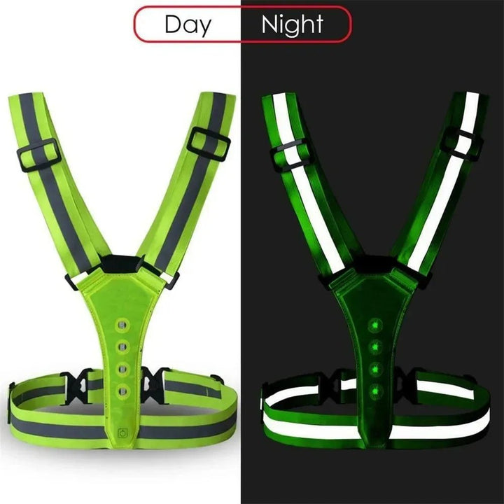 Black unisex LED reflective vest for enhanced night safety. Ideal for cycling, running & outdoor training.