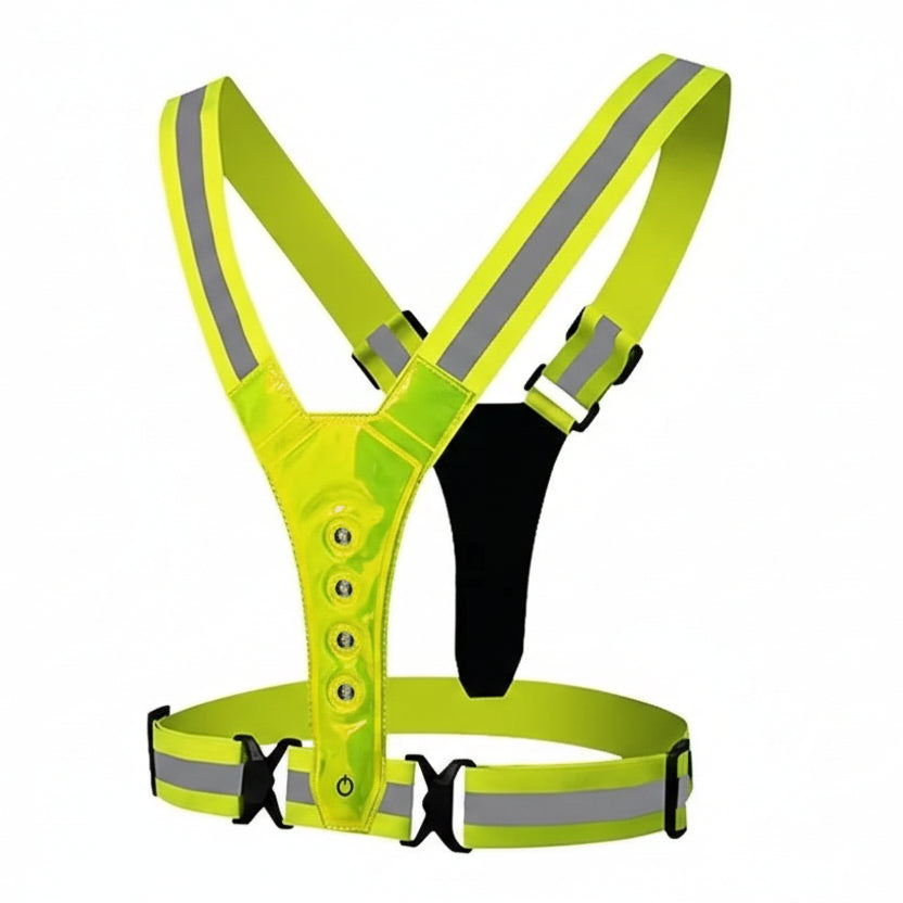 Fluorescent green LED reflective cycling vest. Essential outdoor gear for night safety & visibility.