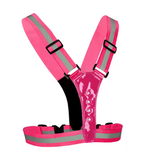 Black LED reflective vest with rechargeable lights. Boosts night visibility for all outdoor safety needs.