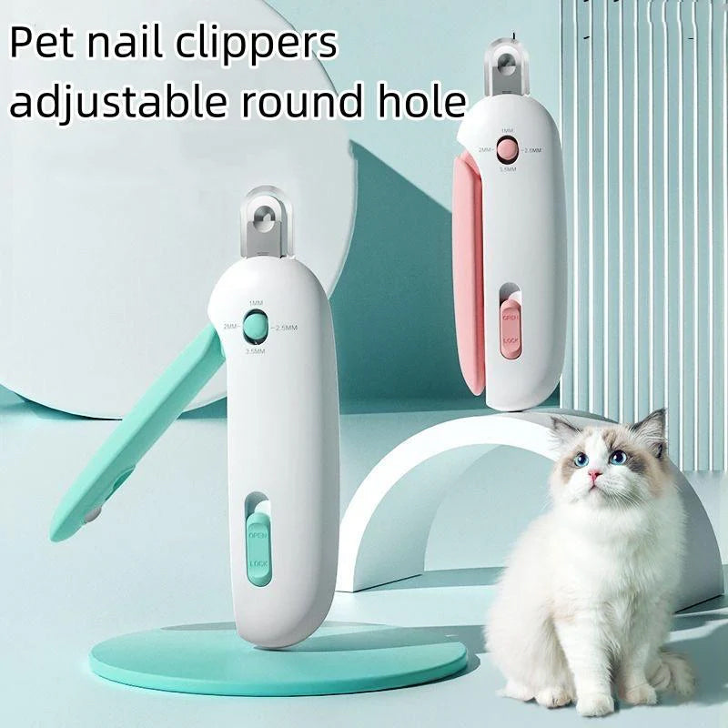 Close-up of the adjustable aperture on the pet nail clippers, ensuring a perfect fit for various paw sizes