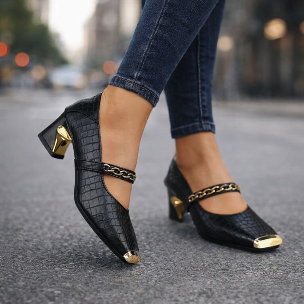 Black faux leather block heel pumps for women, featuring chic chain detail, comfortable for dress shoes.