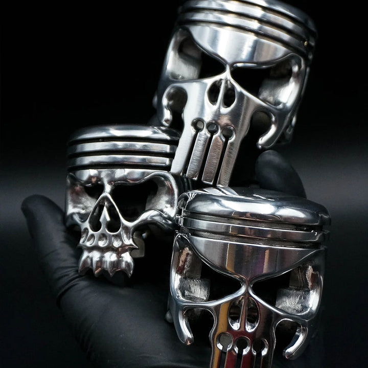 Piston Art Skull Keychain, unique metal accessory for motorcycle enthusiasts, handmade gift.
