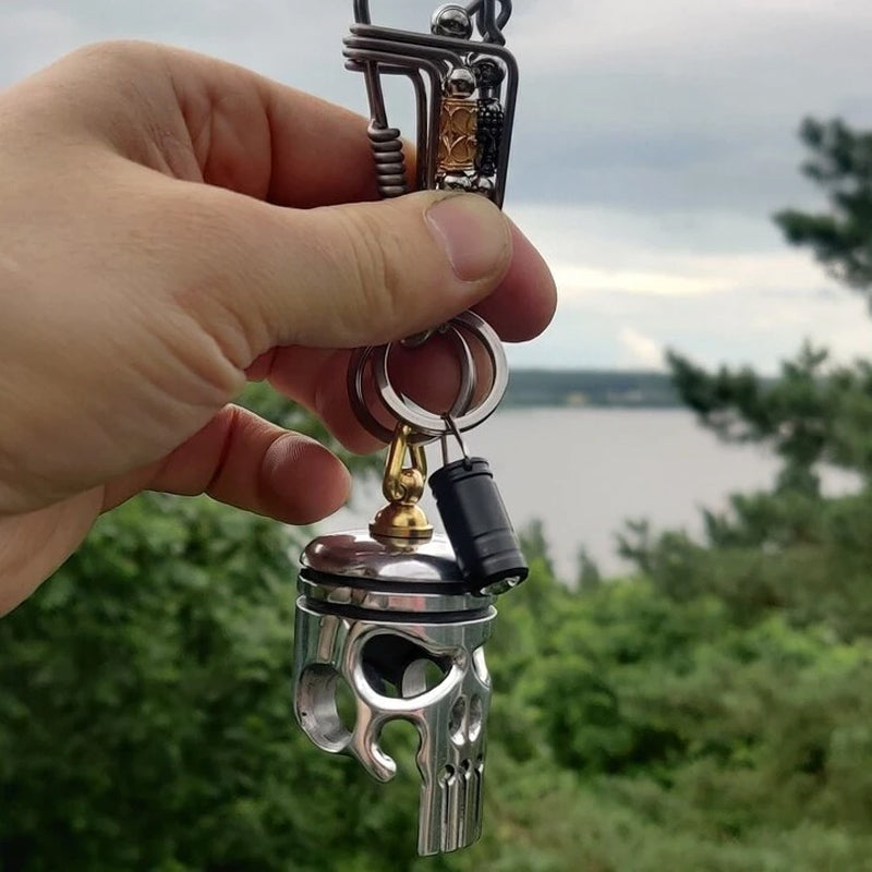 Handmade Piston Art Skull Keychain, durable metal accessory, unique motorcycle gift.