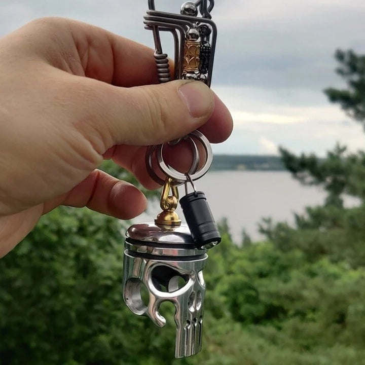 Handmade Piston Art Skull Keychain, durable metal accessory, unique motorcycle gift.