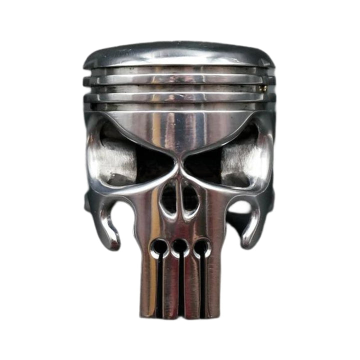 Piston Art Skull Keychain on a keyring, industrial look, perfect motorcycle gift.