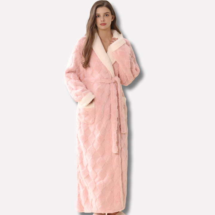 Plush hooded flannel bathrobe for women, perfect cozy winter loungewear. Soft pink, gray, or purple ankle-length comfort.