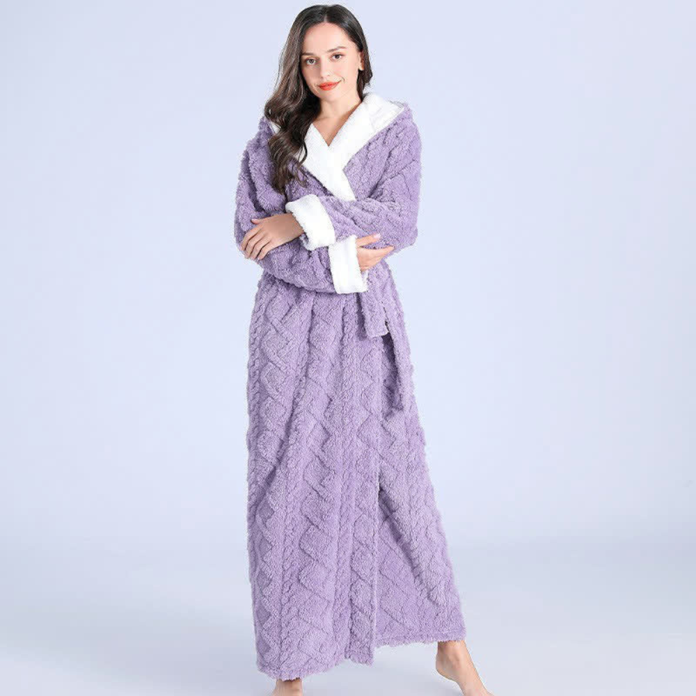 Cozy women's hooded flannel robe, plush and ankle-length. Soft winter sleepwear available in pink, gray, or purple.