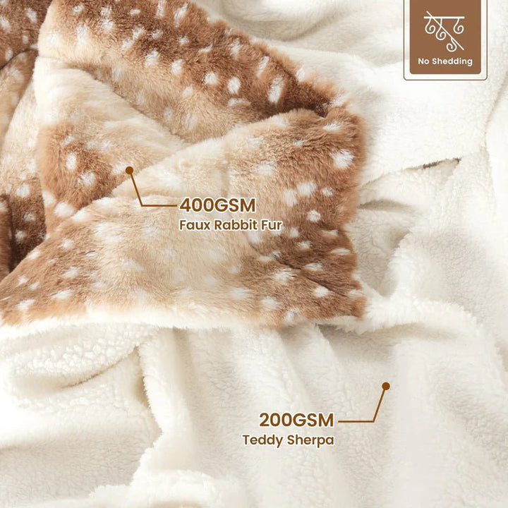 Neatly folded plush reversible faux fur deer blanket, a cozy bedroom throw for warm winter home decor.