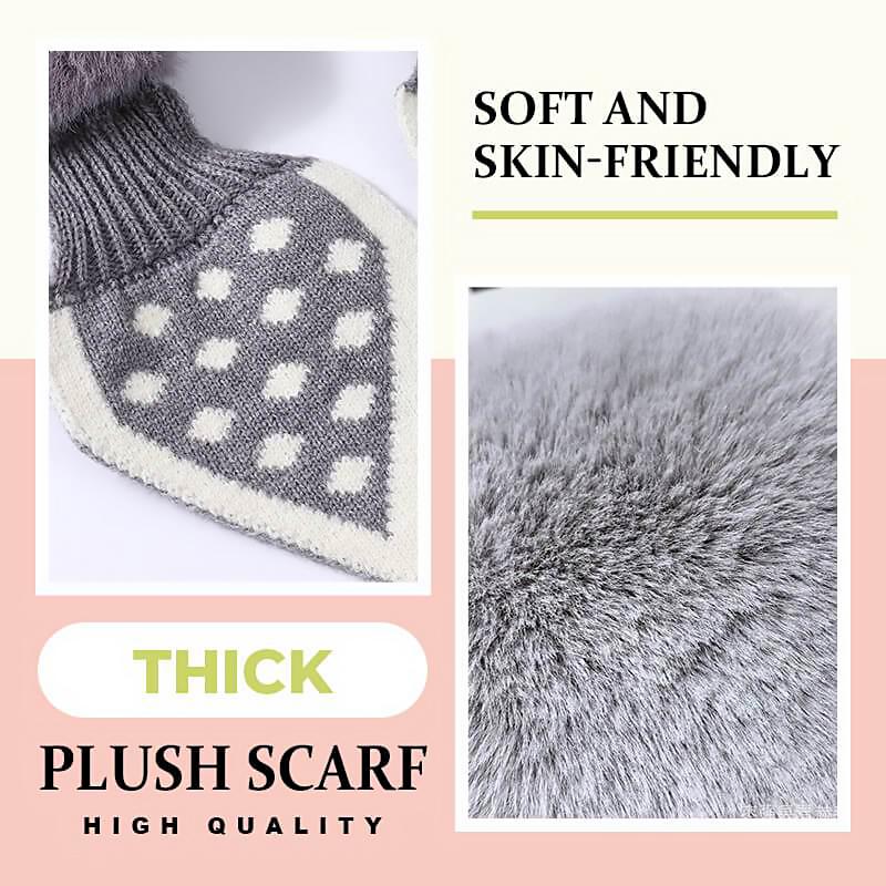 Women's warm plush scarf wrapped around the neck, ready for winter weather.