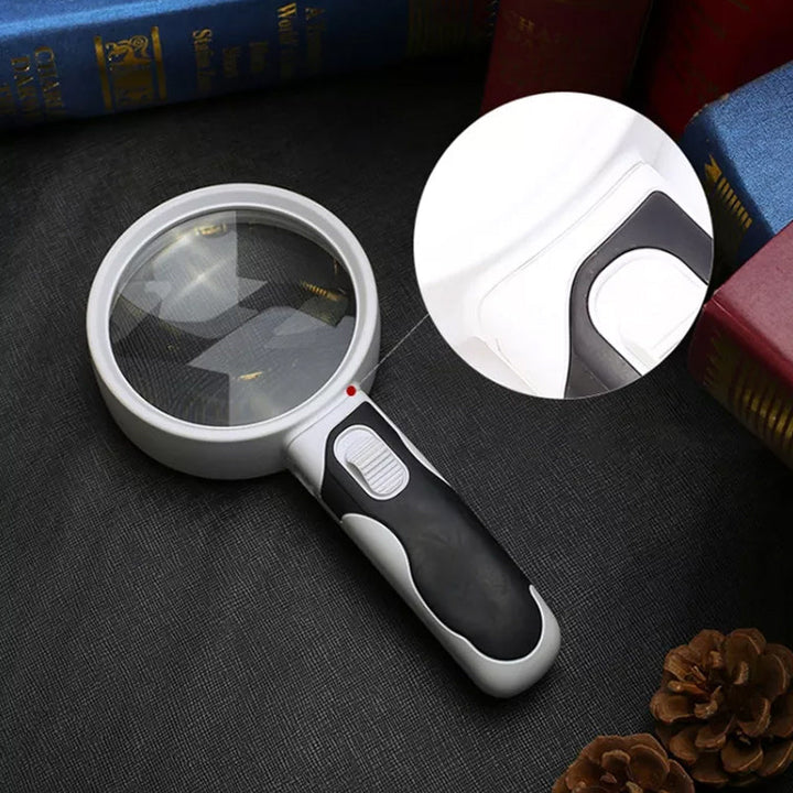 Portable 20x magnifying glass with LED light, ideal for detailed reading and hobbies.