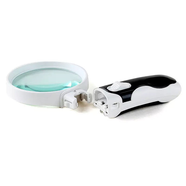A 20x LED magnifying glass, featuring a clear lens and easy-to-use power button for illumination.