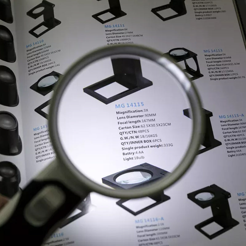 Handheld 20x magnifier with LED light, excellent for inspecting small prints and intricate details.