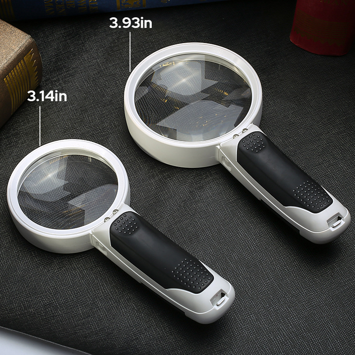 The 20x LED magnifier demonstrating its illuminated view on a coin or stamp collection.