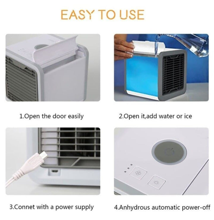 Versatile desktop fan & portable air cooler. Functions as a mini humidifier & air purifier for all-around comfort.
